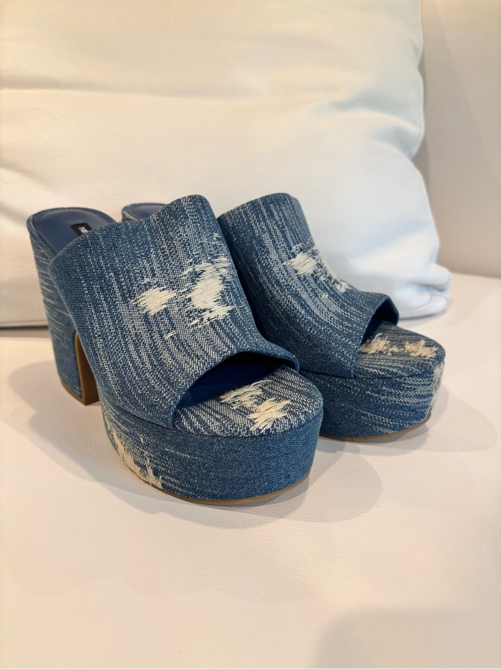 Nine West Distressed Denim Platform Mules - Blue
